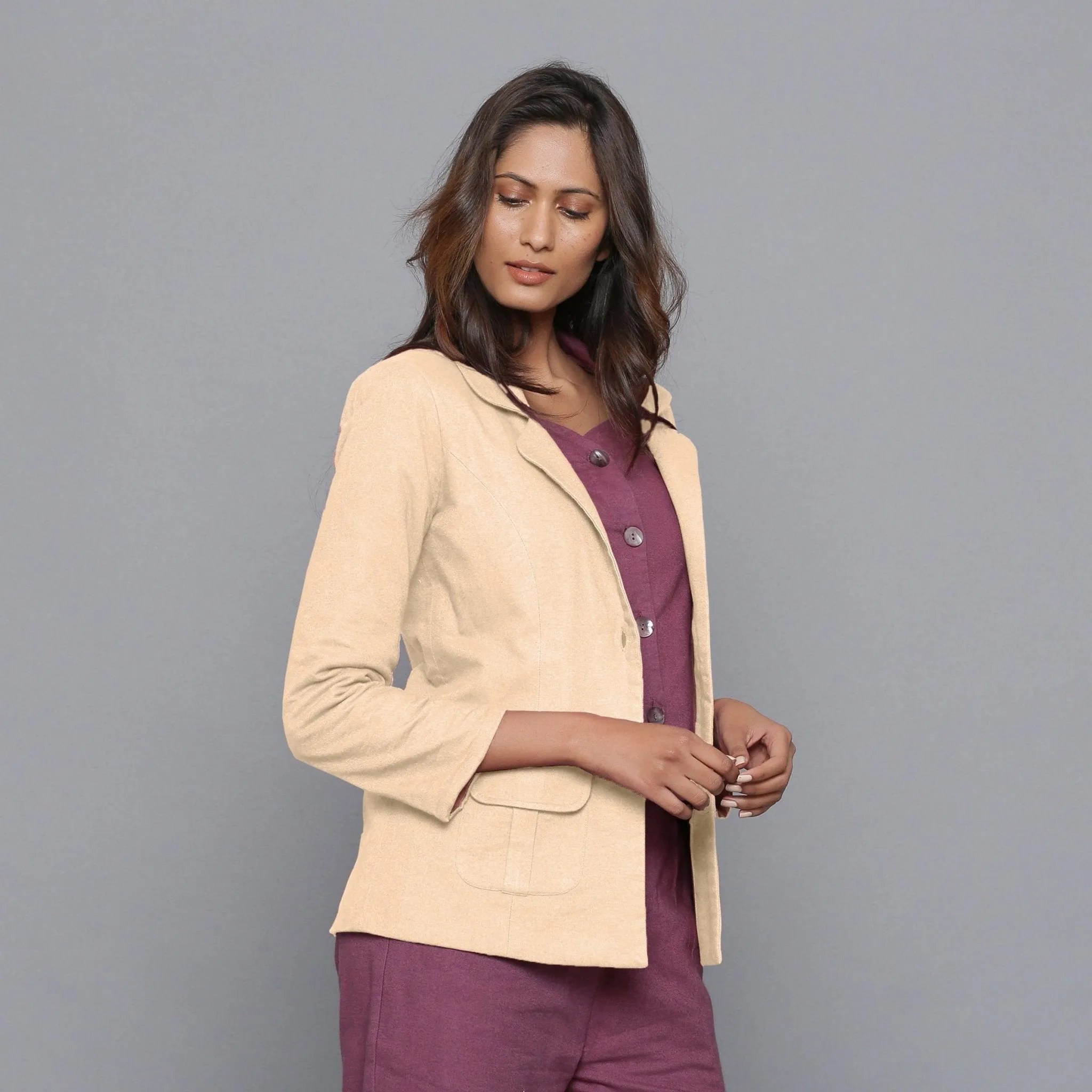 Beige Slim Fit Warm Cotton Flannel Blazer