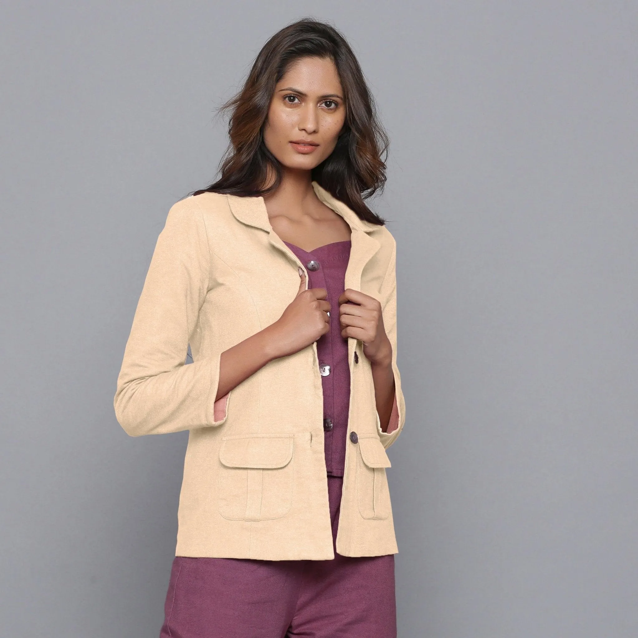 Beige Slim Fit Warm Cotton Flannel Blazer