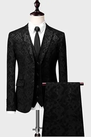 Black Floral Jacquard Three Pieces Notched Lapel Prom Suits