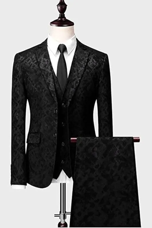 Black Floral Jacquard Three Pieces Notched Lapel Prom Suits
