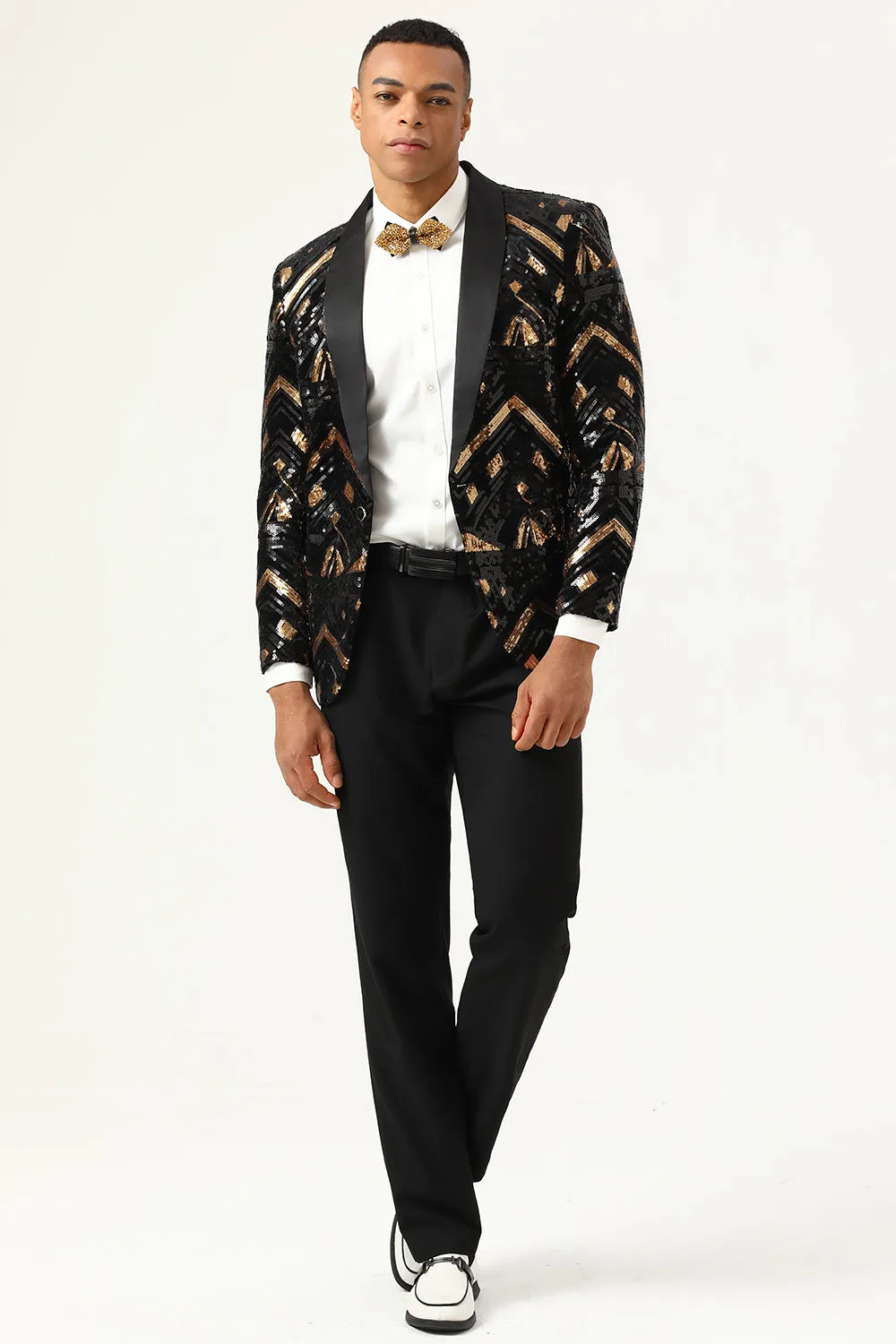 Black Golden Sequined Shawl Lapel One Button Men Blazer