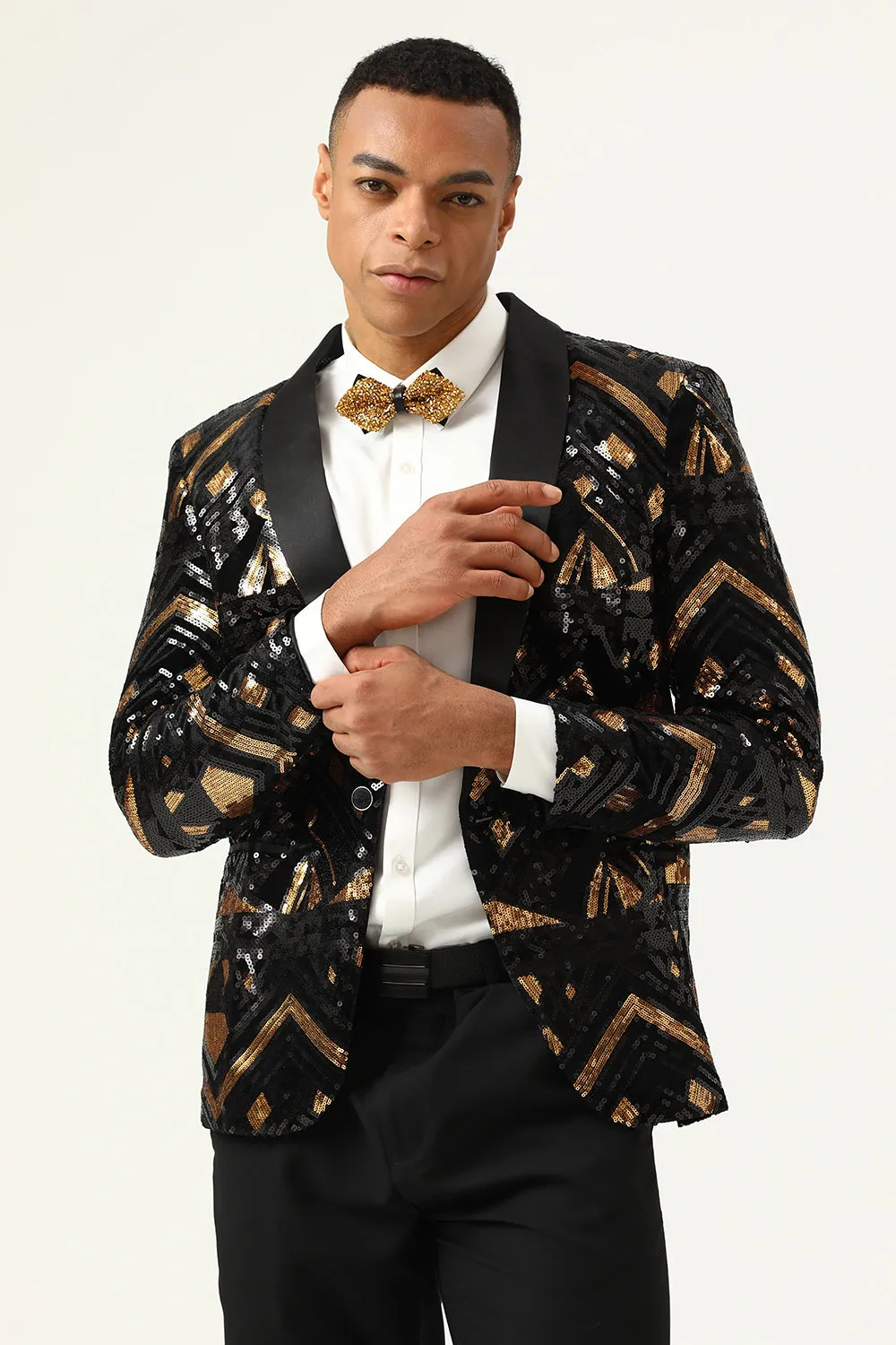 Black Golden Sequined Shawl Lapel One Button Men Blazer