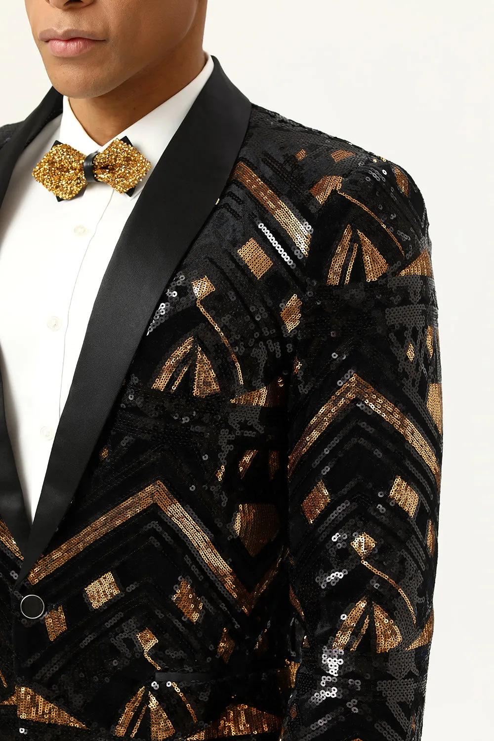 Black Golden Sequined Shawl Lapel One Button Men Blazer