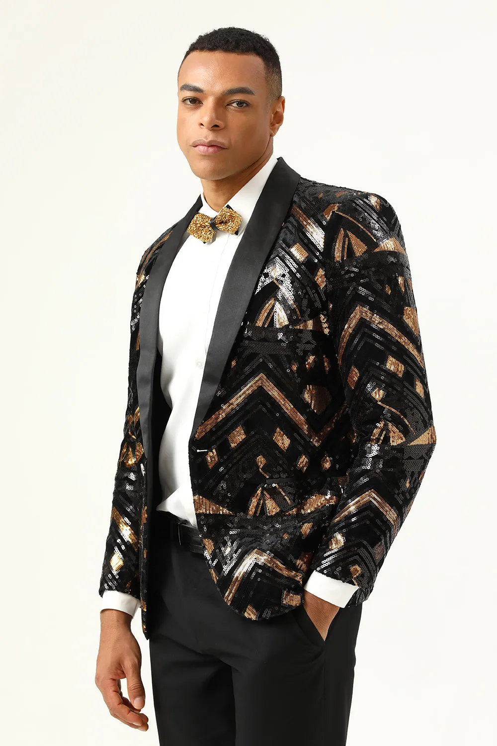 Black Golden Sequined Shawl Lapel One Button Men Blazer
