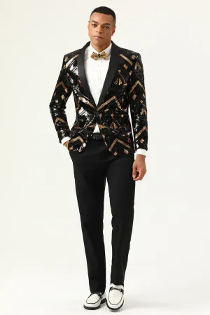 Black Golden Sequined Shawl Lapel One Button Men Blazer