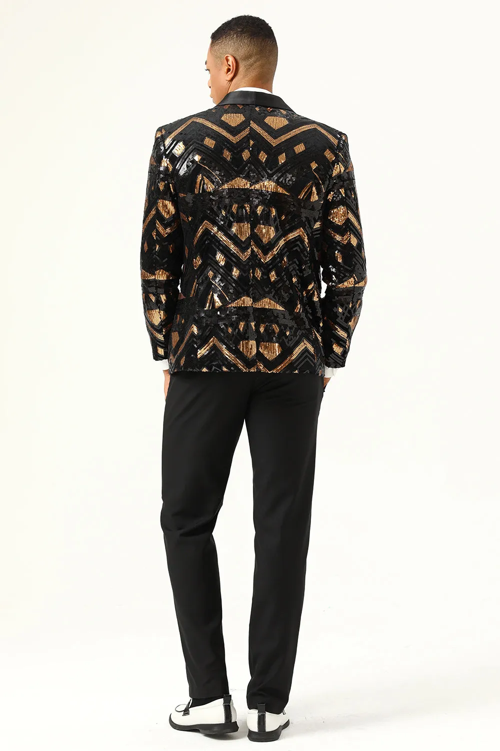 Black Golden Sequined Shawl Lapel One Button Men Blazer