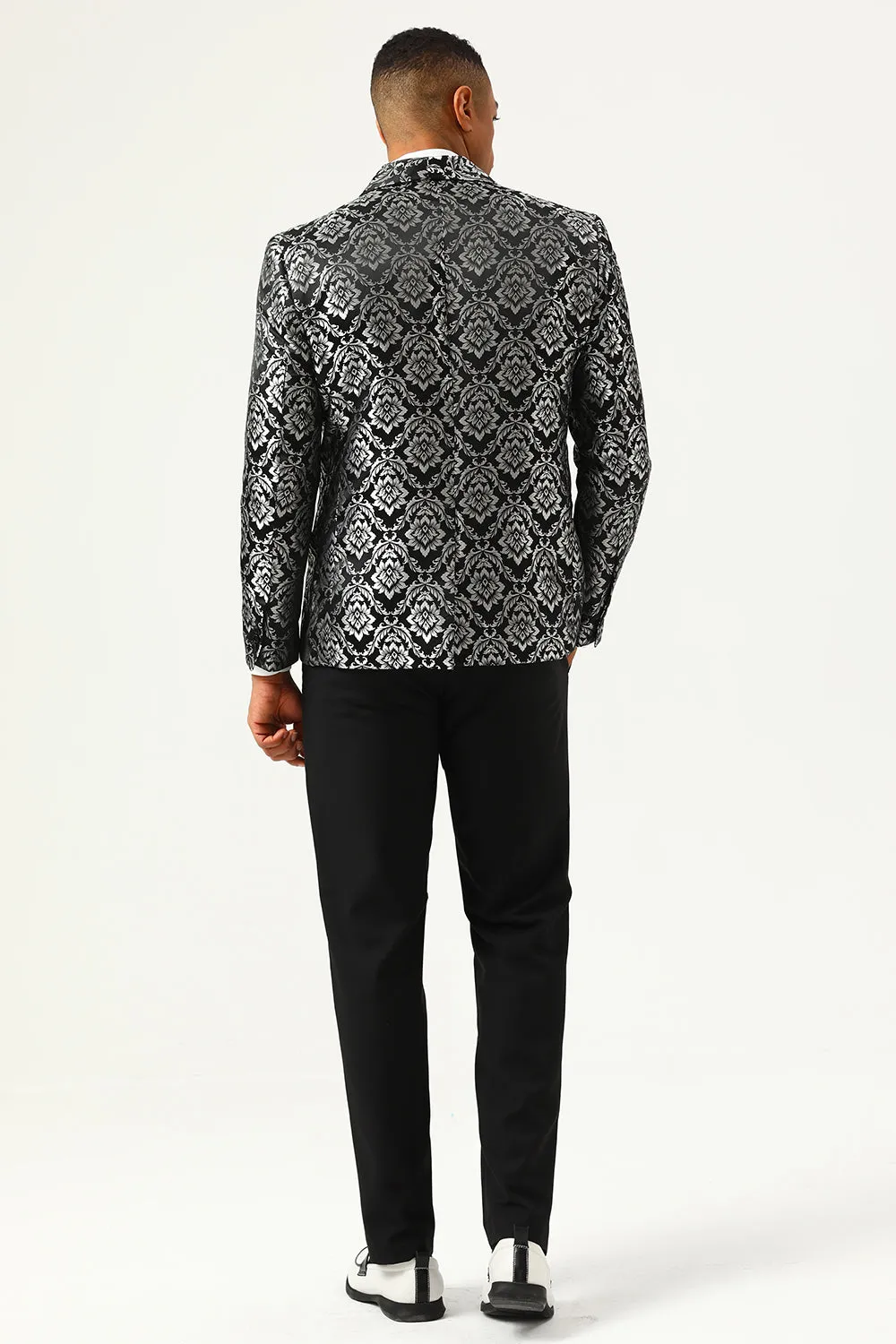 Black Silver Shawl Lapel Slim Fit One Button Printed Men Blazer