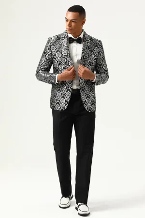 Black Silver Shawl Lapel Slim Fit One Button Printed Men Blazer