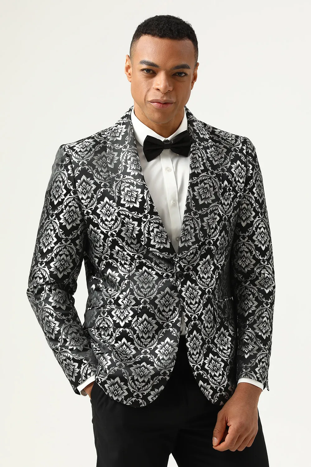 Black Silver Shawl Lapel Slim Fit One Button Printed Men Blazer