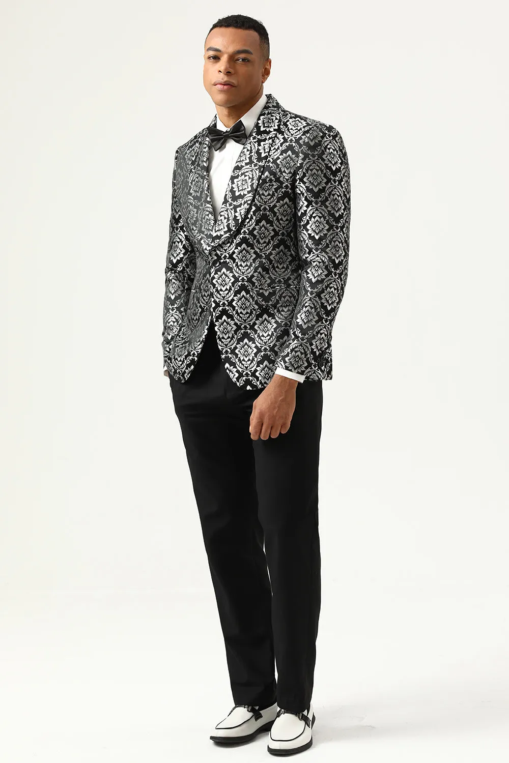 Black Silver Shawl Lapel Slim Fit One Button Printed Men Blazer