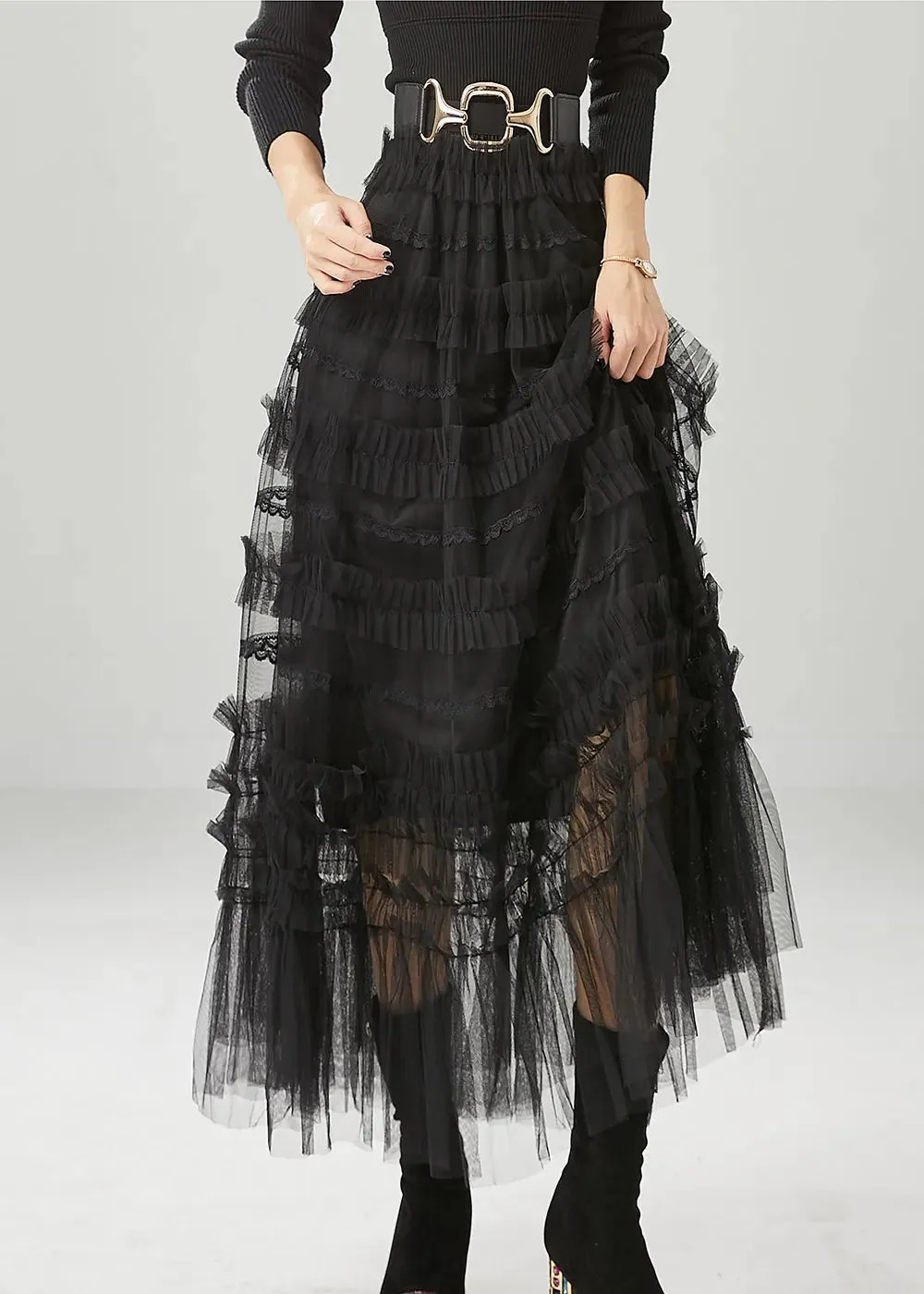 Bohemian Black Ruffled Tulle Vacation Skirts Fall ML1234