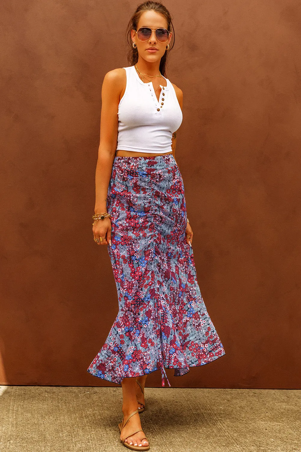 Bohemian Floral Drawstring Ruched Long Skirt