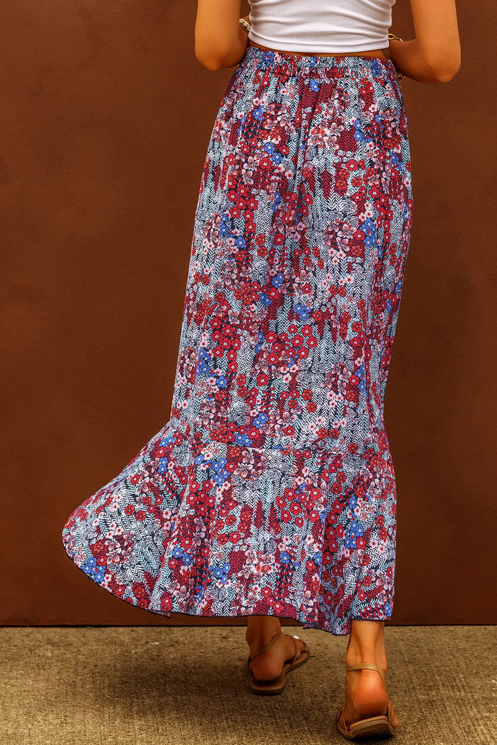 Bohemian Floral Drawstring Ruched Long Skirt