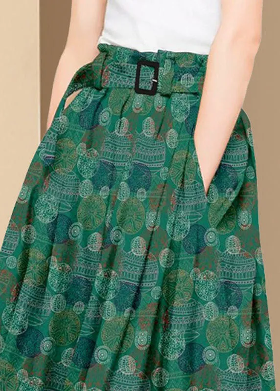 Bohemian Green Wrinkled Pockets Print Patchwork Silk Skirts Summer LY4590