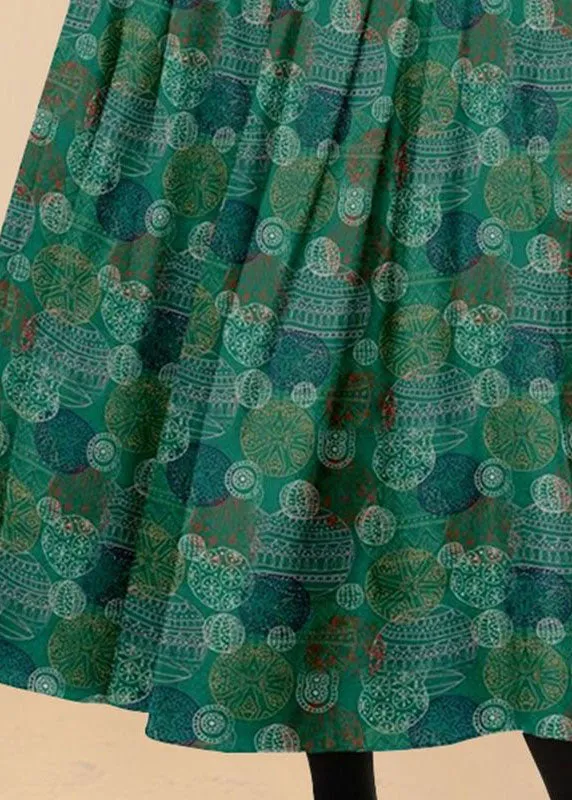 Bohemian Green Wrinkled Pockets Print Patchwork Silk Skirts Summer LY4590