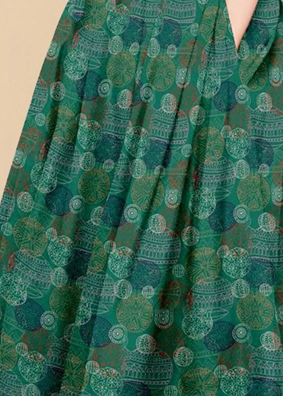 Bohemian Green Wrinkled Pockets Print Patchwork Silk Skirts Summer LY4590