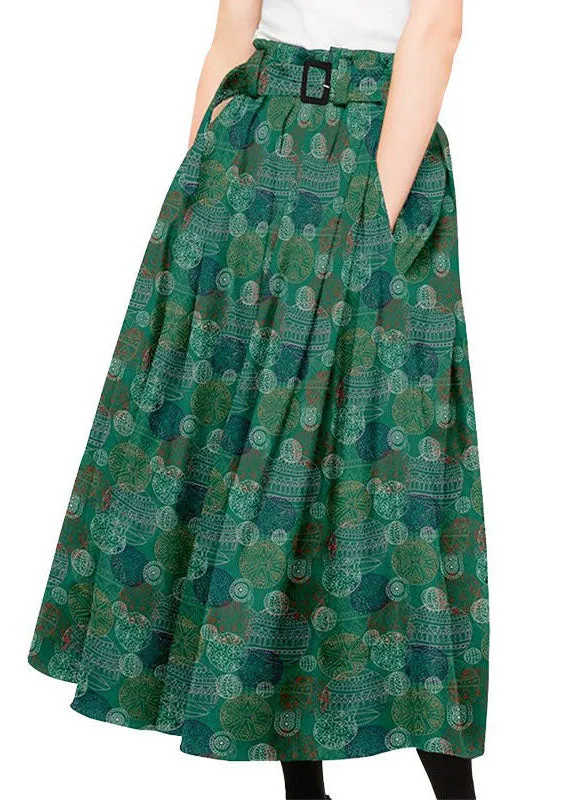 Bohemian Green Wrinkled Pockets Print Patchwork Silk Skirts Summer LY4590