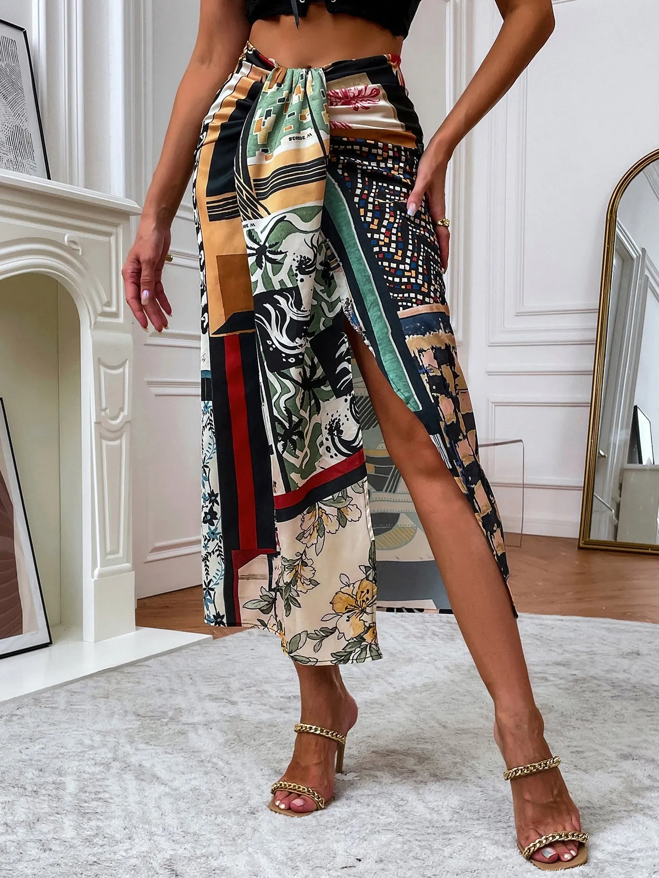 Boho Colorblock High Waist Long Women Skirt