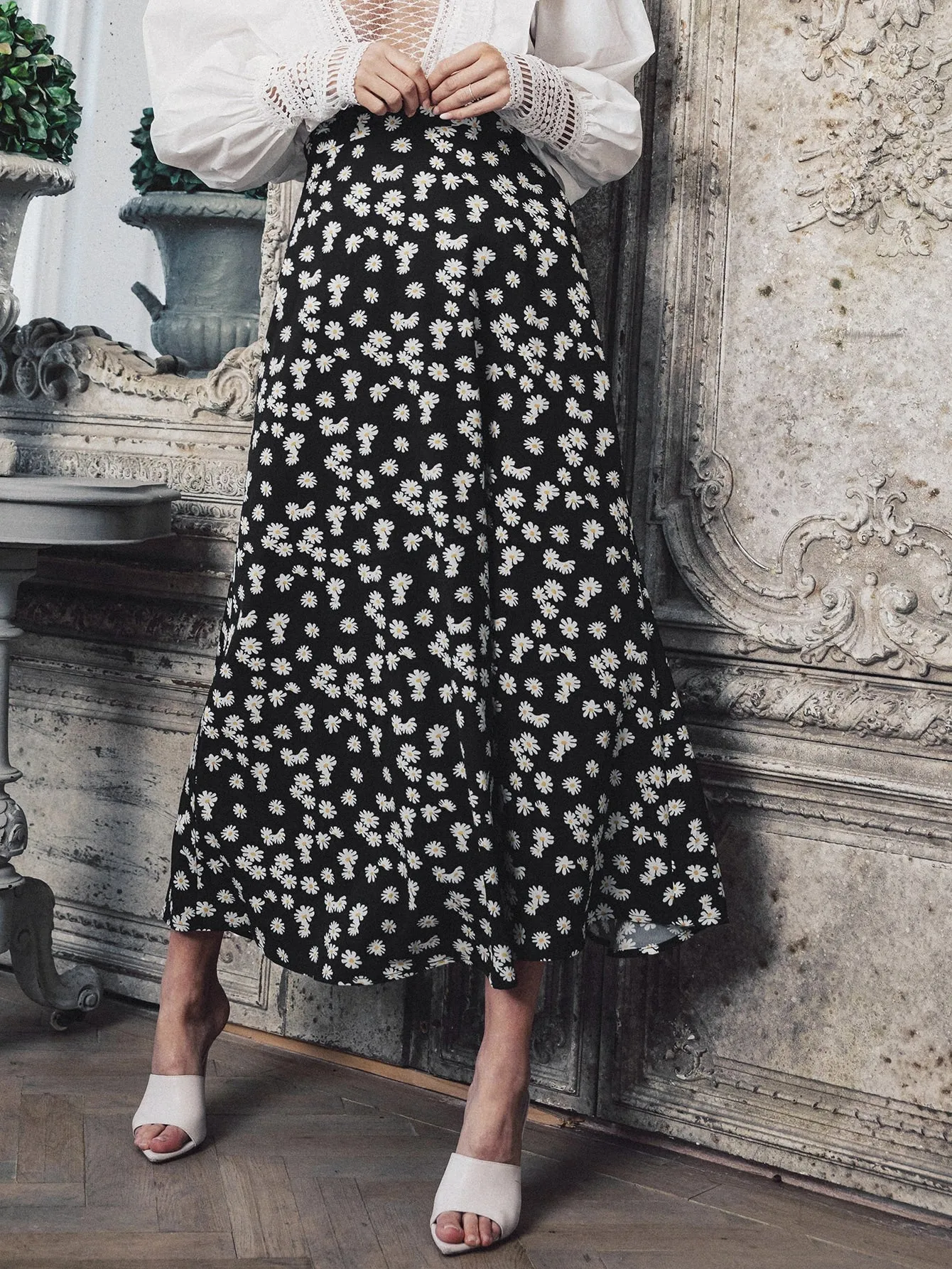 Boho Ditsy Floral Zipper High Waist Long Women Skirt