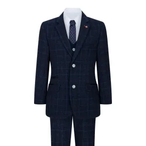 Boys Blue 3 Piece Suit Navy Check Wedding Prom Formal Vintage Tailored Fit