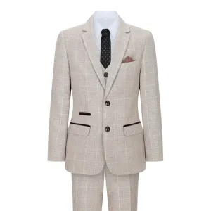 Boys Check Tweed Beige Brown 3 Piece Suit Wedding Vintage Retro Classic