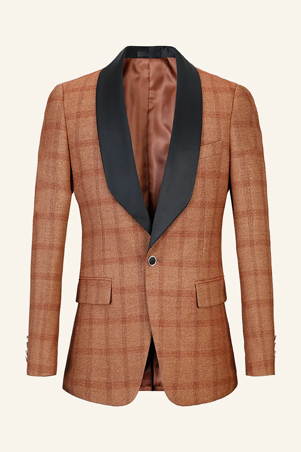Brown Plaid Shawl Lapel Men's Prom Blazer