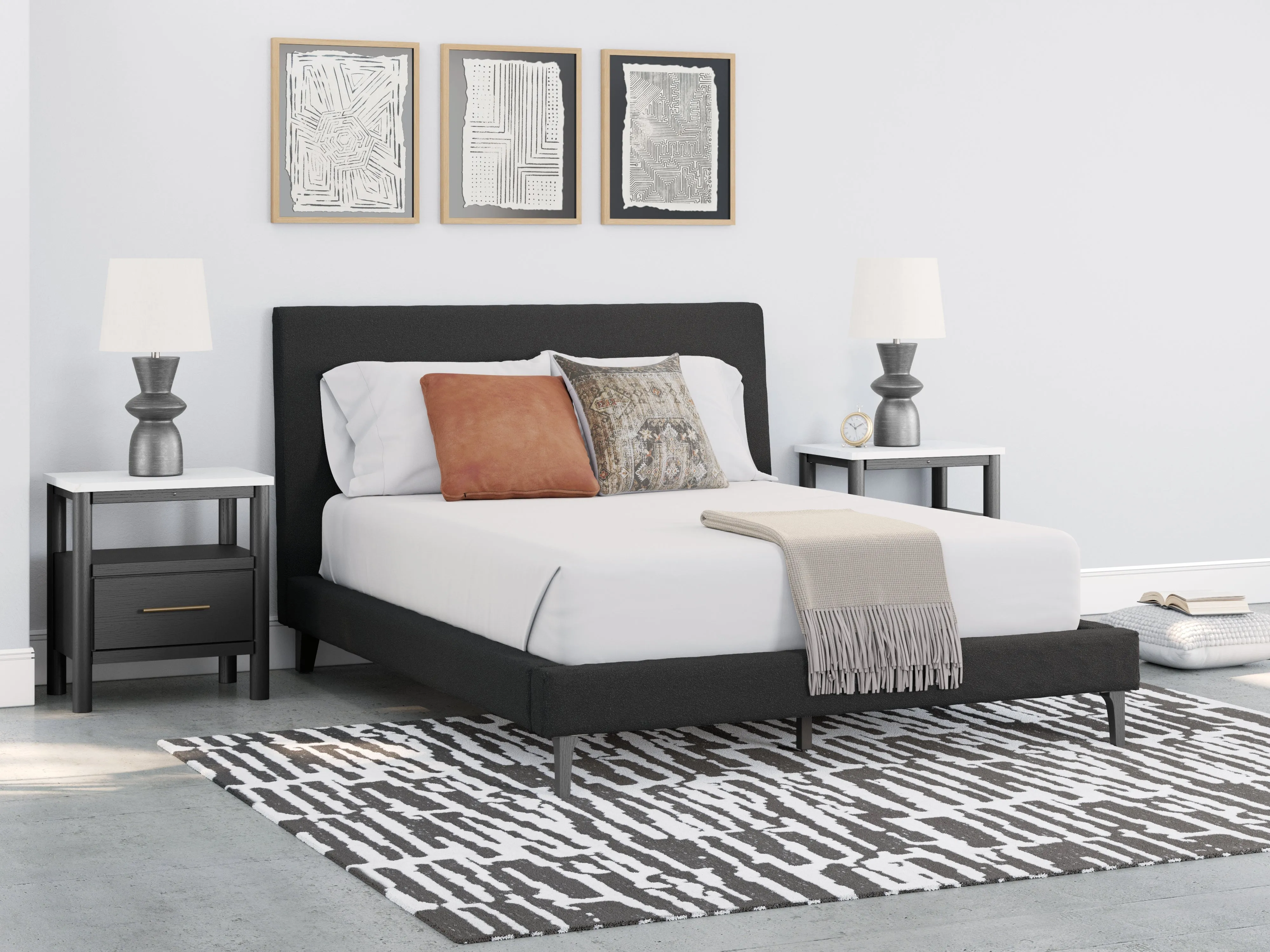 Cadmori Queen Upholstered Bed with 2 Nightstands in Black