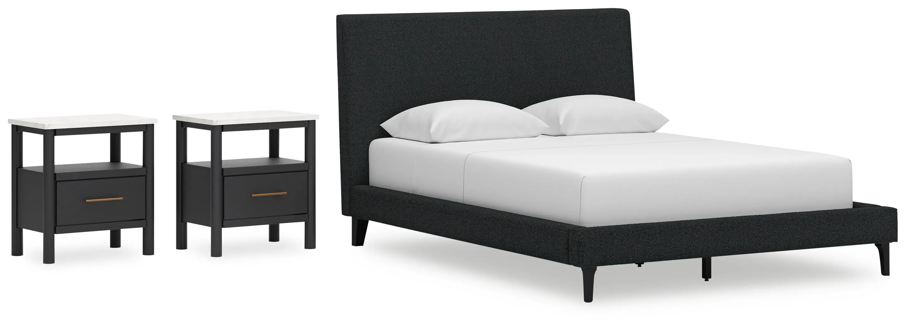 Cadmori Queen Upholstered Bed with 2 Nightstands in Black