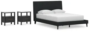 Cadmori Queen Upholstered Bed with 2 Nightstands in Black