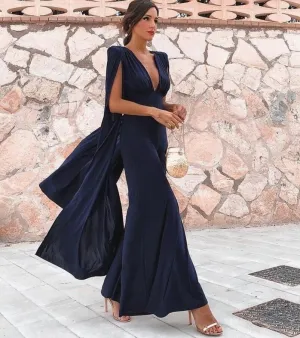 Cape Elegant Deep V-Neck Formal Jumpsuit