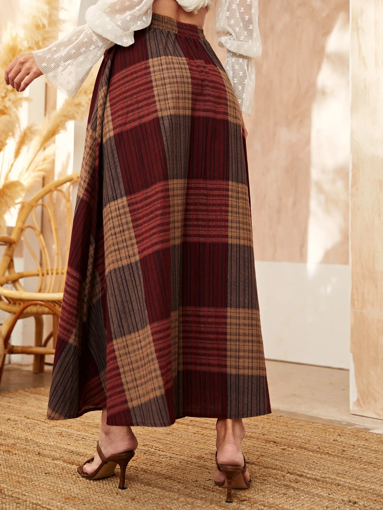 Casual Plaid Pocket High Waist Maxi Women Skirt