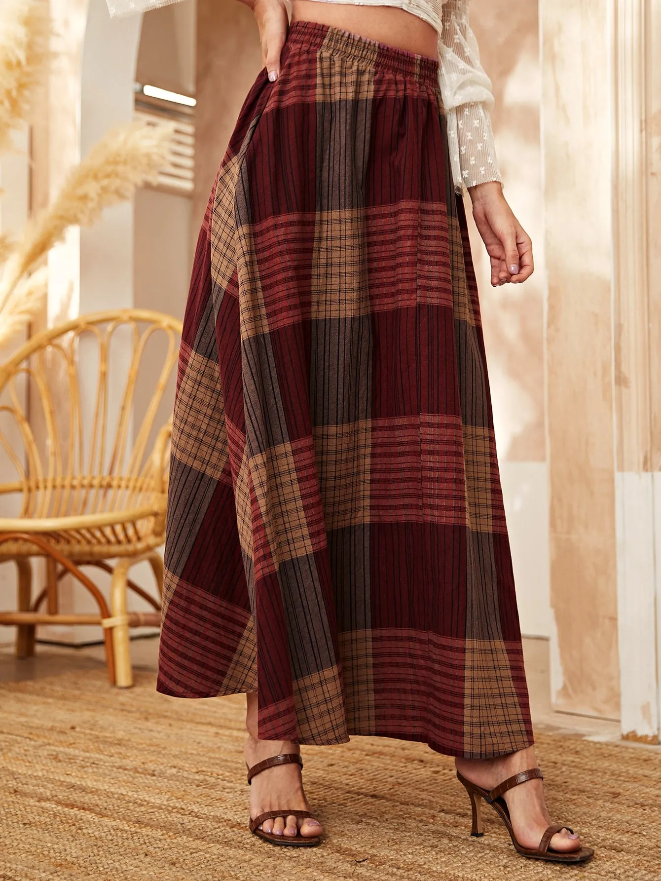 Casual Plaid Pocket High Waist Maxi Women Skirt