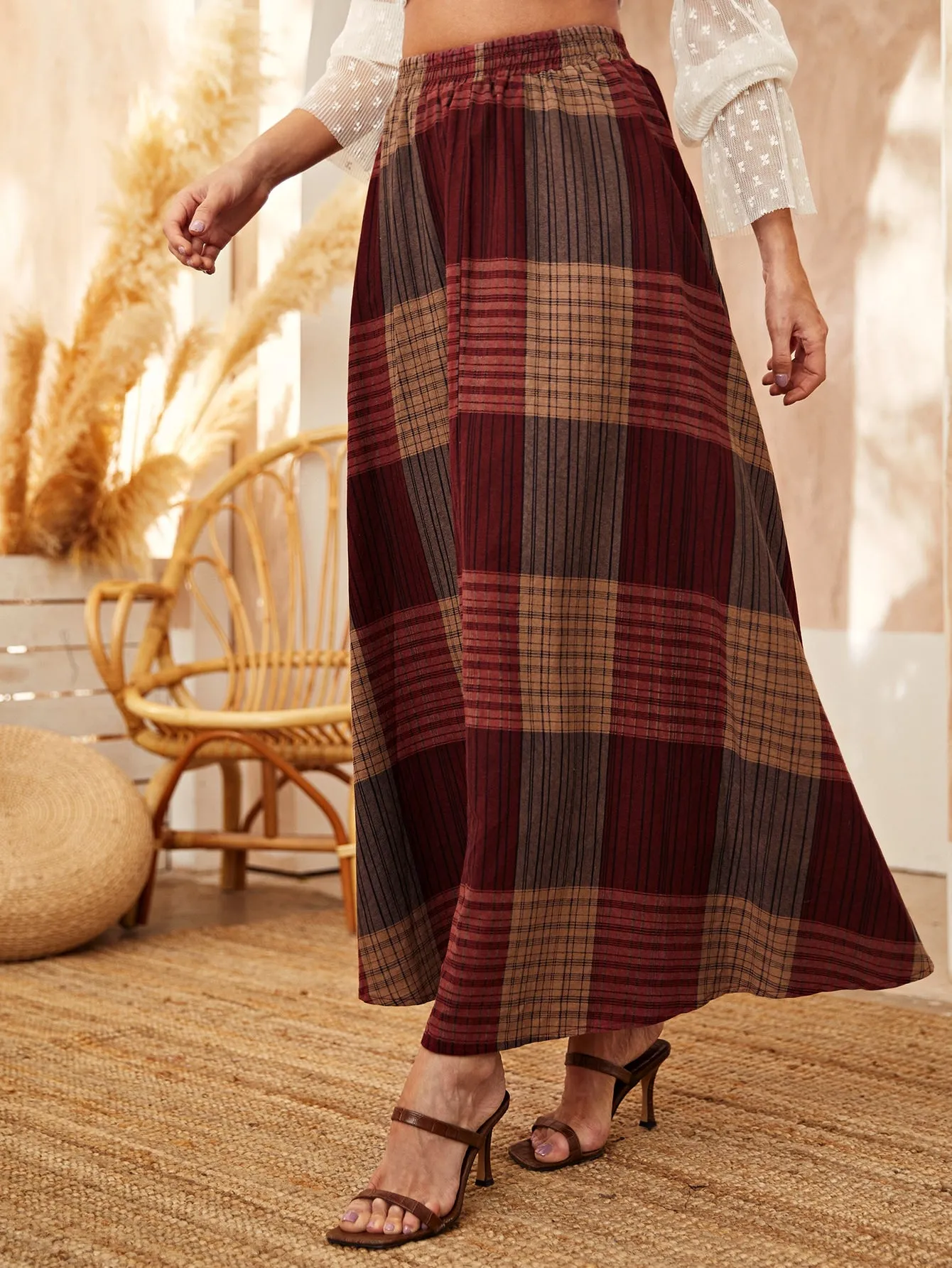 Casual Plaid Pocket High Waist Maxi Women Skirt