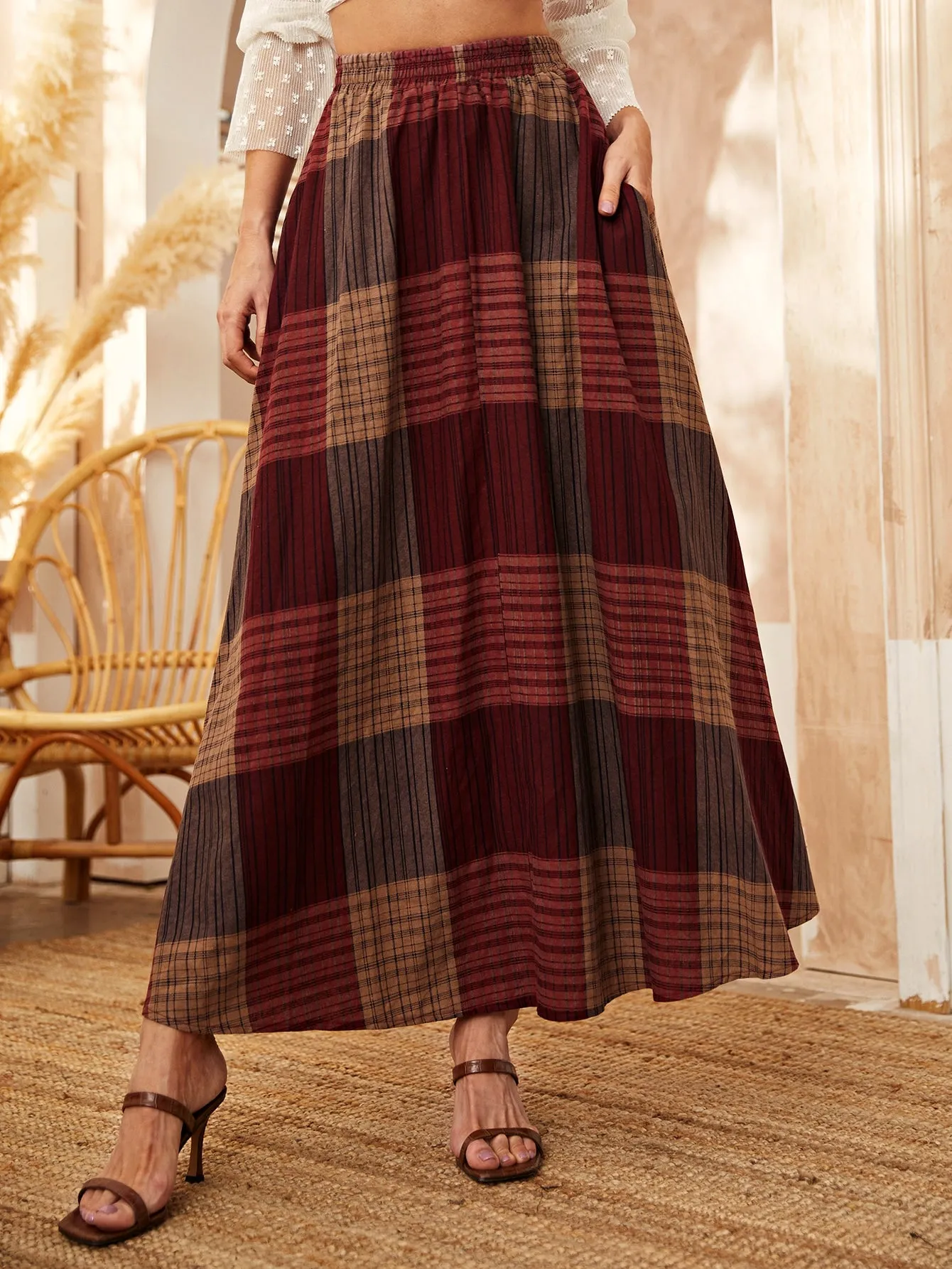 Casual Plaid Pocket High Waist Maxi Women Skirt