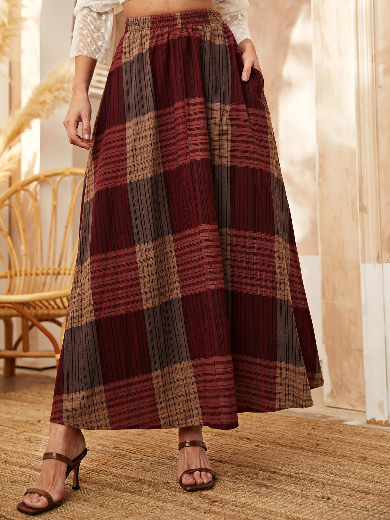 Casual Plaid Pocket High Waist Maxi Women Skirt