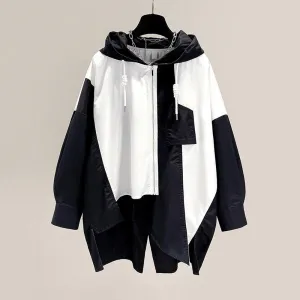 Chic Hooded Color-block Coat Women Spring Overcoats