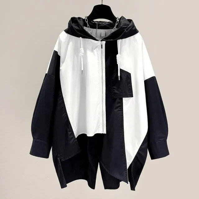 Chic Hooded Color-block Coat Women Spring Overcoats