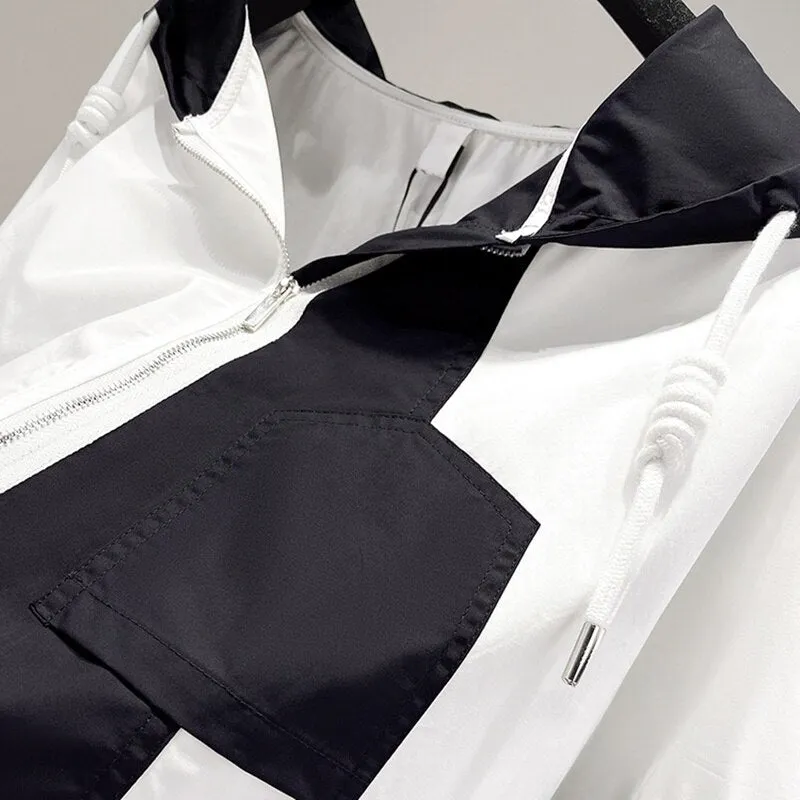 Chic Hooded Color-block Coat Women Spring Overcoats