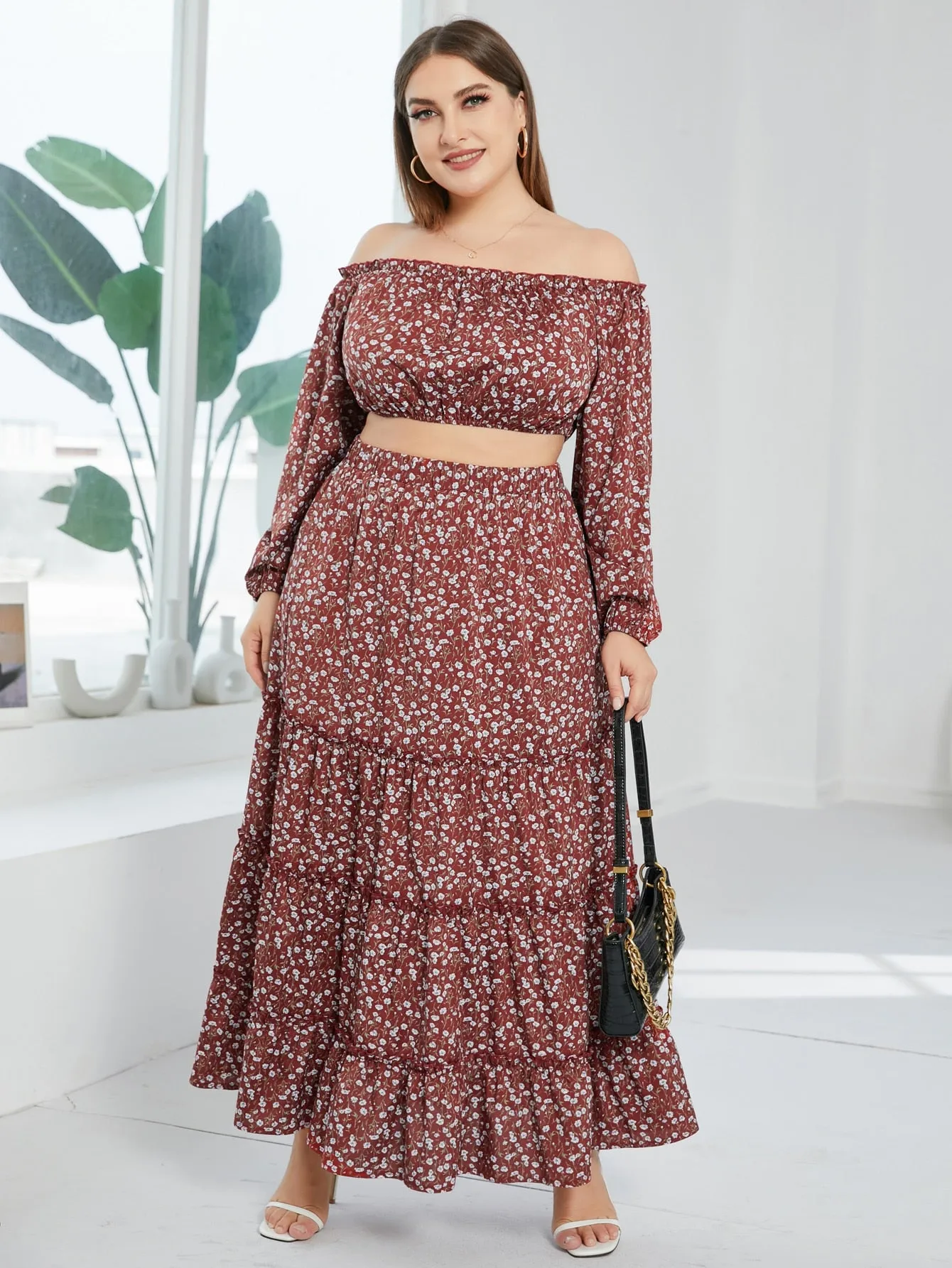 Ditsy Floral Ruffle Maxi Plus Size Skirt