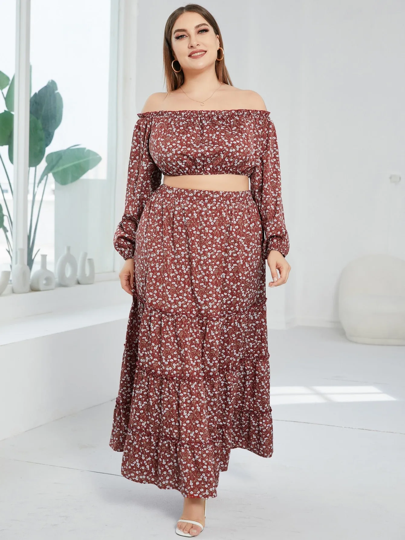 Ditsy Floral Ruffle Maxi Plus Size Skirt
