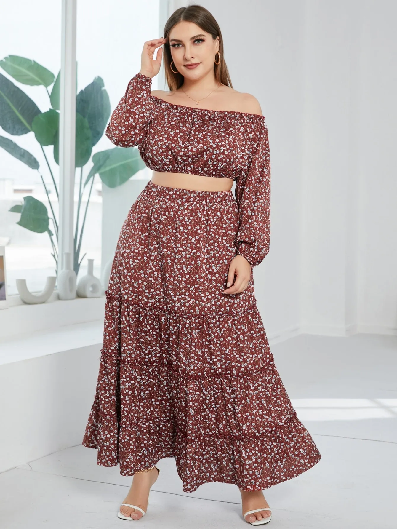Ditsy Floral Ruffle Maxi Plus Size Skirt