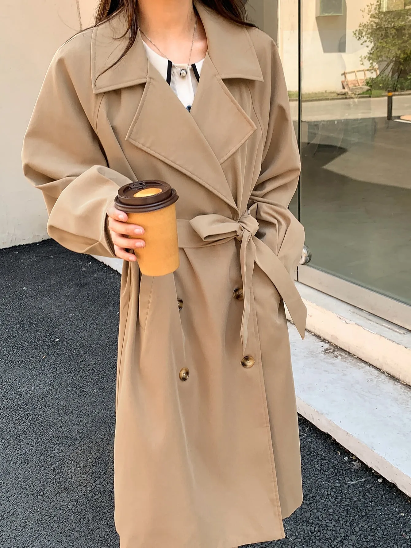 Double Breasted Raglan Sleeve Belted Trench Coat