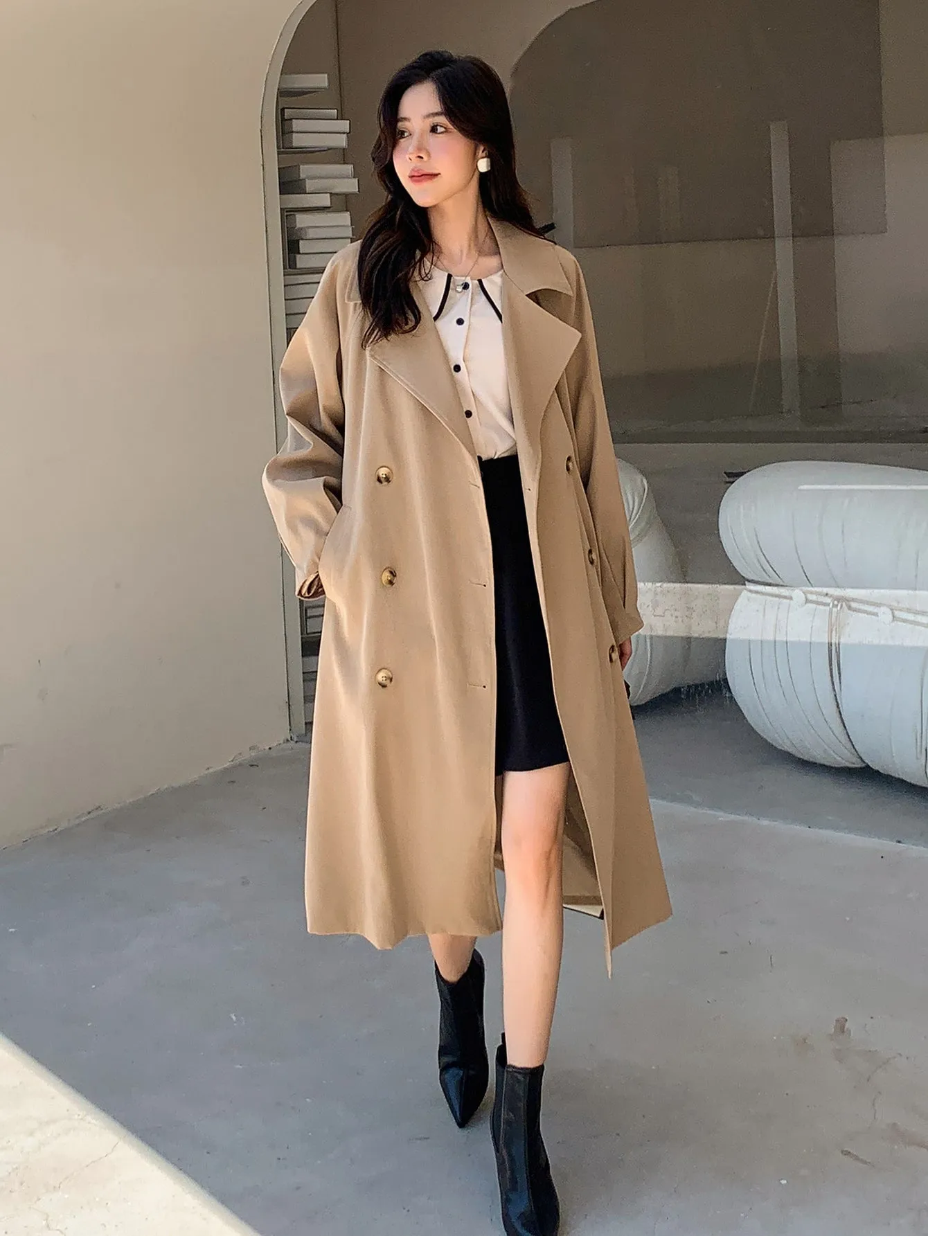 Double Breasted Raglan Sleeve Belted Trench Coat