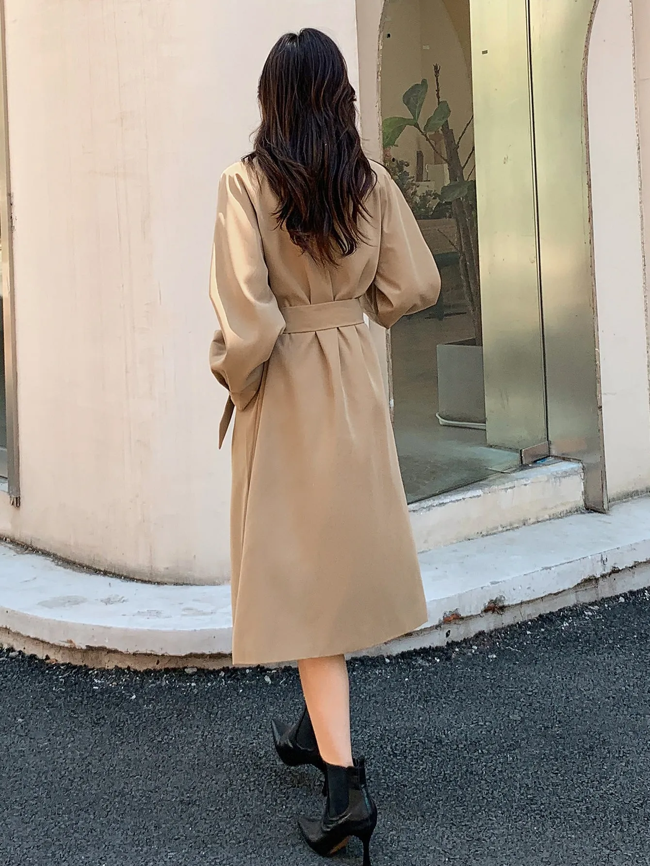 Double Breasted Raglan Sleeve Belted Trench Coat
