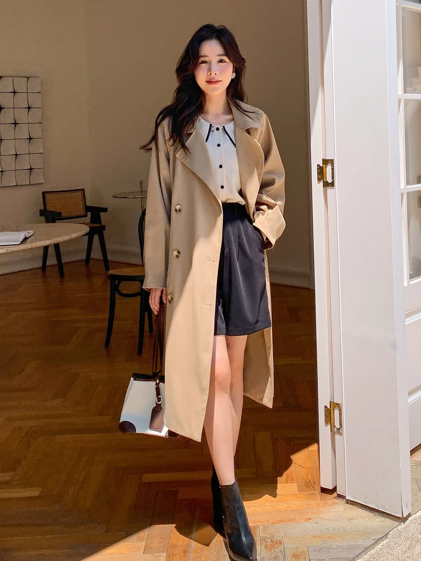 Double Breasted Raglan Sleeve Belted Trench Coat