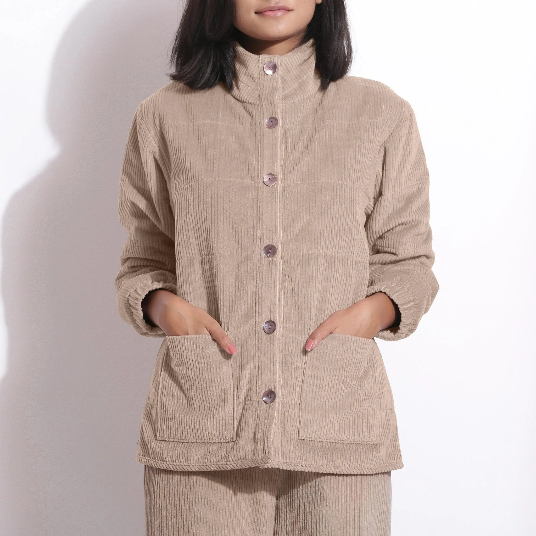 Dusk Beige Warm Cotton Corduroy Quilted Puffer Jacket