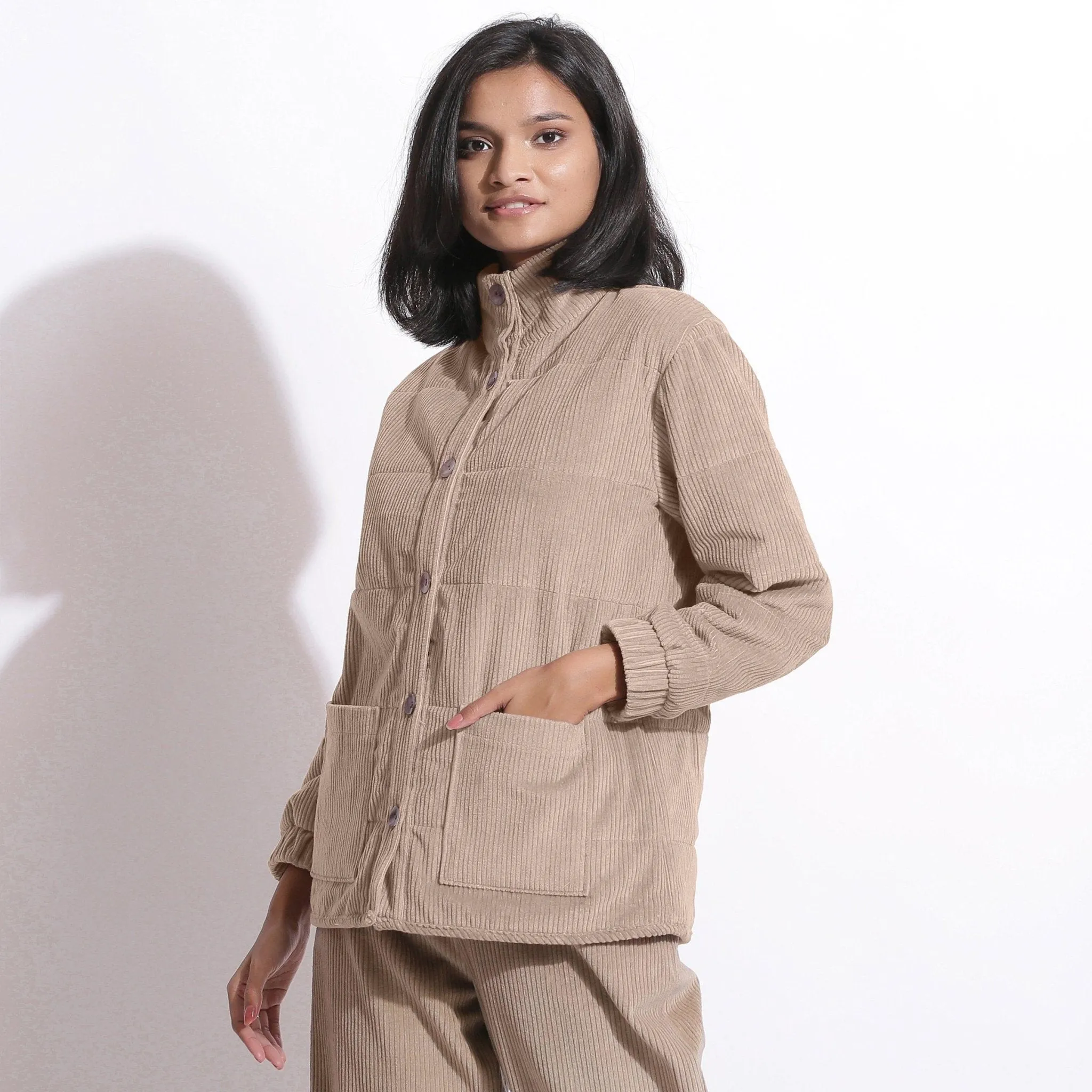 Dusk Beige Warm Cotton Corduroy Quilted Puffer Jacket