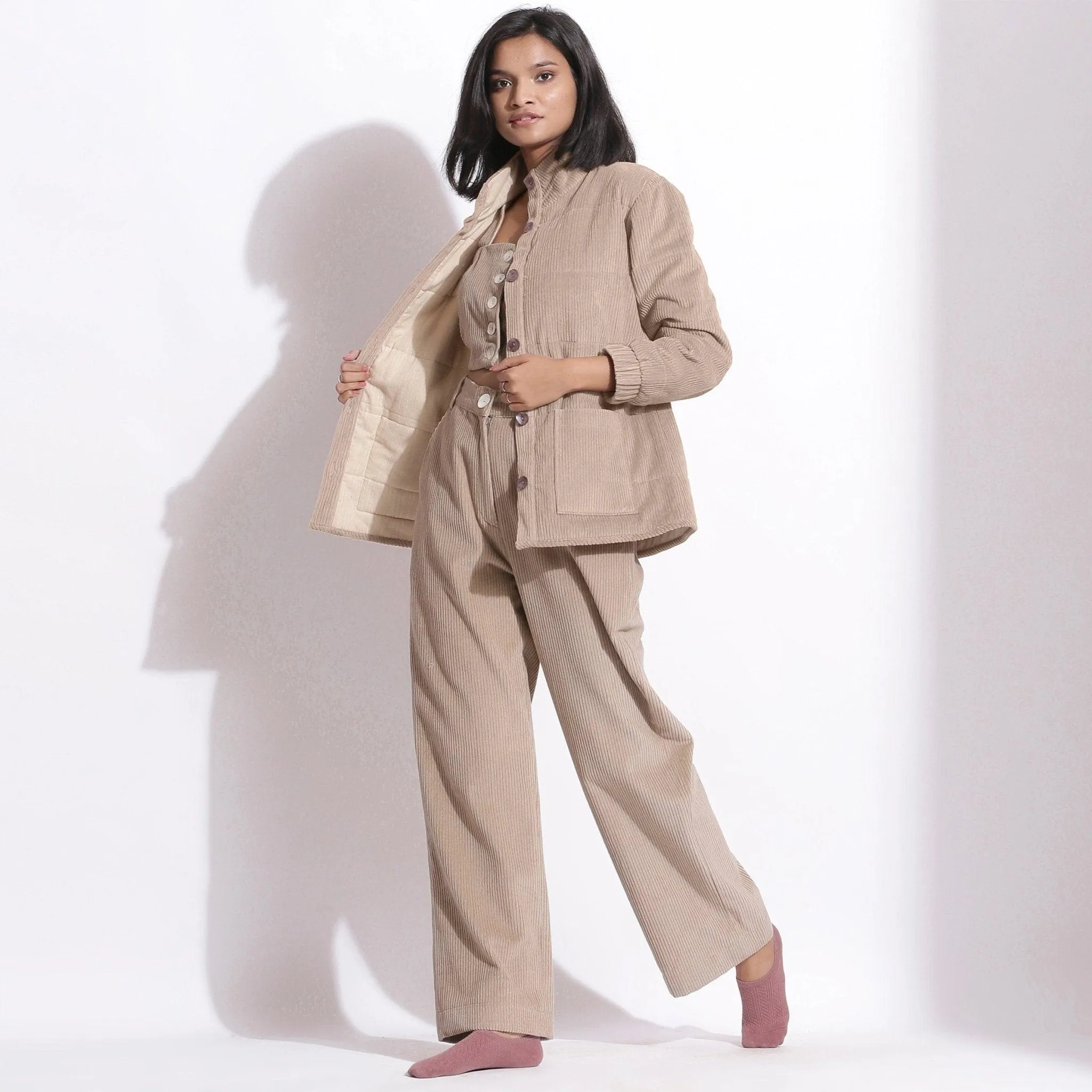 Dusk Beige Warm Cotton Corduroy Quilted Puffer Jacket