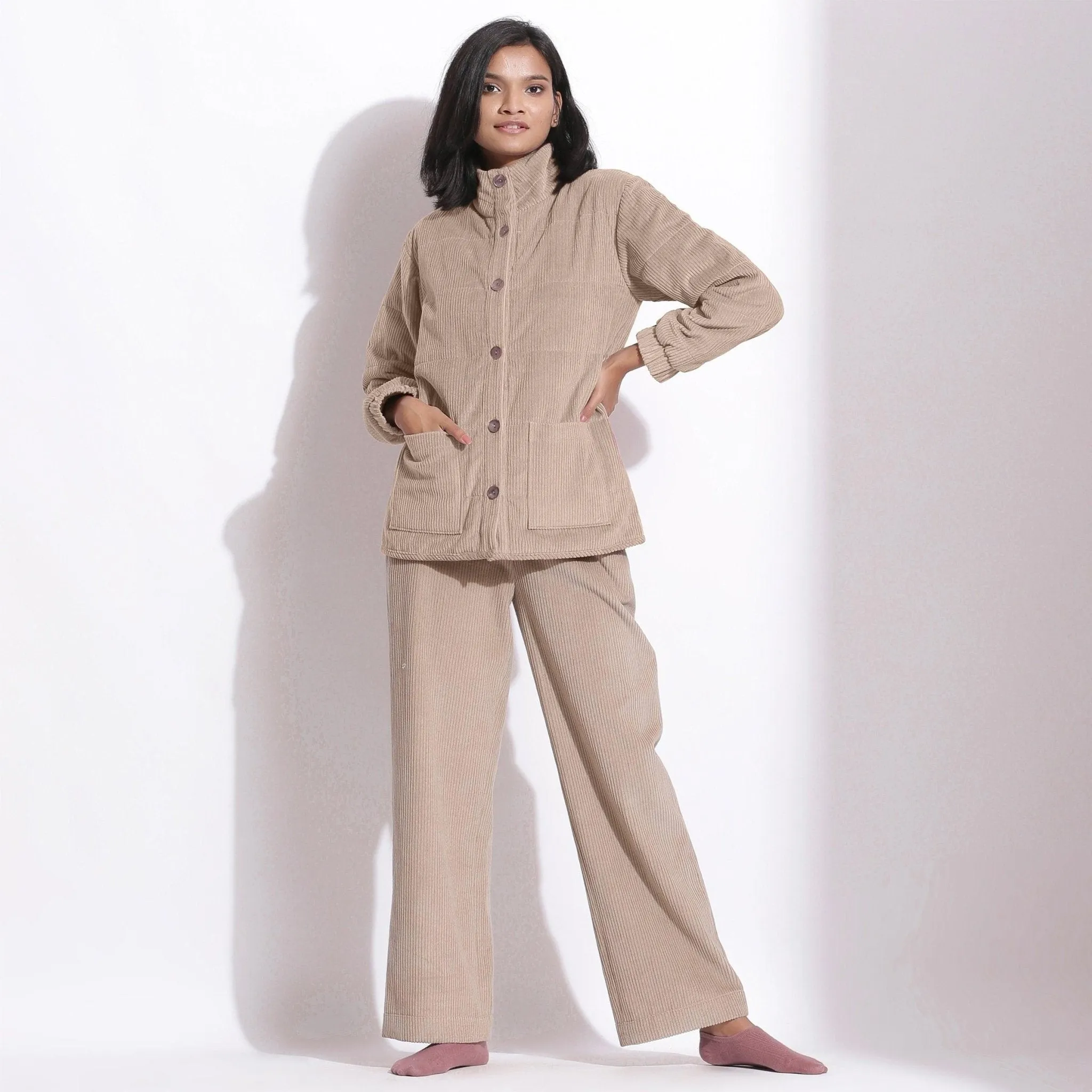 Dusk Beige Warm Cotton Corduroy Quilted Puffer Jacket