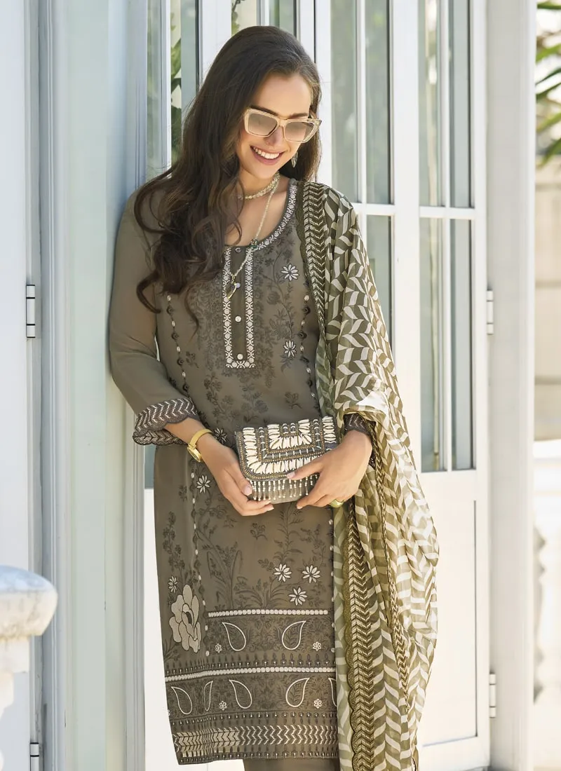 Embroidered Organza Straight Salwar Suit with Silk Bottom